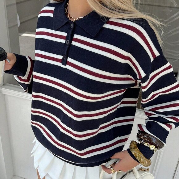 Navy Blue Casual Women's collar Striped knit Sweater top - Picture 1 of 7